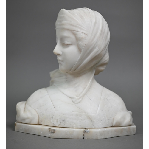 1258 - An Italianate marble bust of a young woman in a headscarf, signed indistinctly, 23 cm high (base rep... 