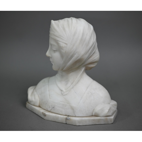 1258 - An Italianate marble bust of a young woman in a headscarf, signed indistinctly, 23 cm high (base rep... 