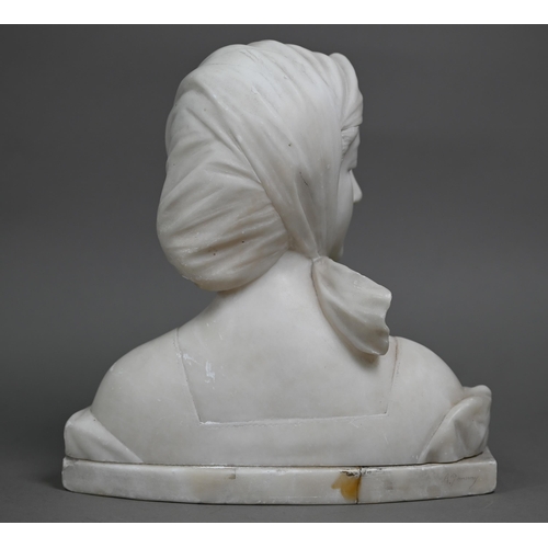 1258 - An Italianate marble bust of a young woman in a headscarf, signed indistinctly, 23 cm high (base rep... 