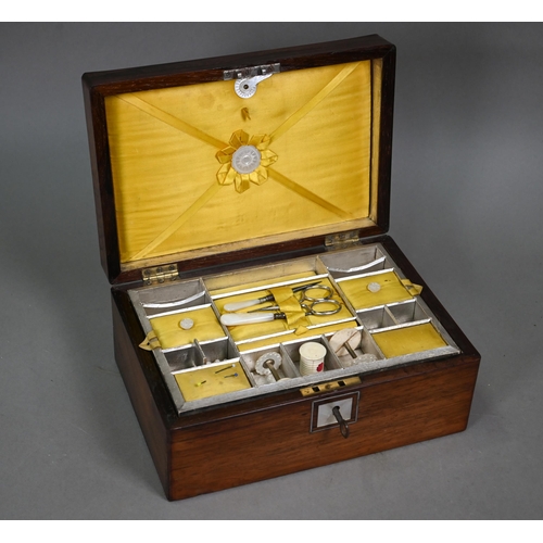 1265 - A Victorian rosewood work-box, the interior with mother of pearl fittings and yellow silk padded cov... 