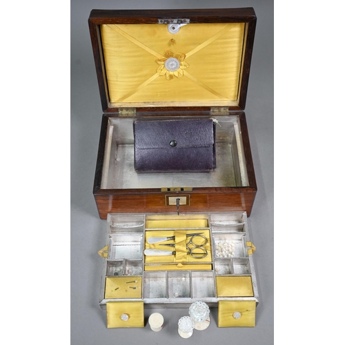 1265 - A Victorian rosewood work-box, the interior with mother of pearl fittings and yellow silk padded cov... 