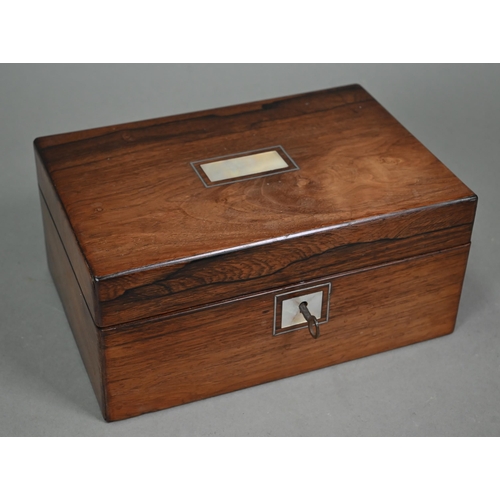 1265 - A Victorian rosewood work-box, the interior with mother of pearl fittings and yellow silk padded cov... 