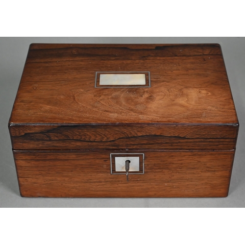 1265 - A Victorian rosewood work-box, the interior with mother of pearl fittings and yellow silk padded cov... 