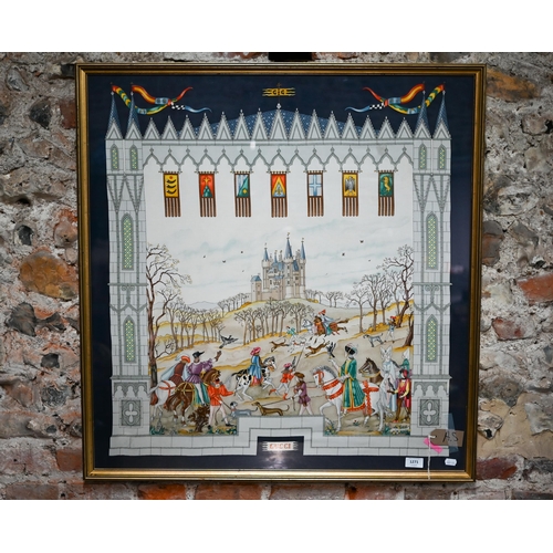 1271 - A Gucci headscarf depicting medieval hunting scene, 84 x 80 cm, in glazed frame