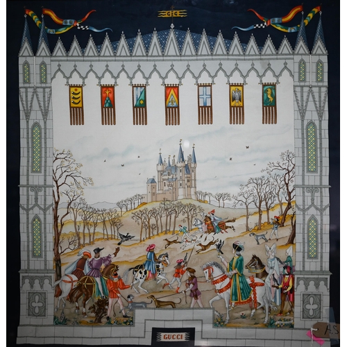 1271 - A Gucci headscarf depicting medieval hunting scene, 84 x 80 cm, in glazed frame