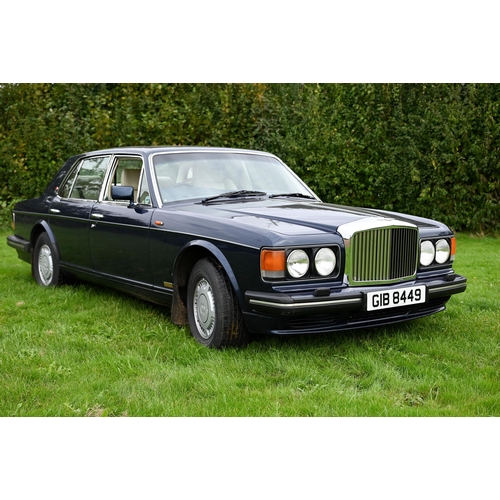 Bentley Turbo, 1991, blue, cream hide interior, mileage approx. 141,000, four owners from new, private number plate GIB 8449, well maintained, sparse service history available, V5 and keys in office, currently on SORN, runs and drives well