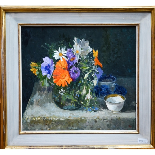 702 - Pamela Kay (b 1939) - 'Glass of late summer flowers and a white bowl', oil on board, signed with ini... 