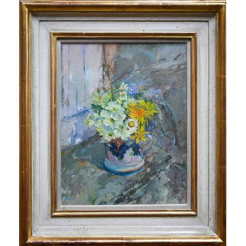 703 - Diana Maxwell Armfield (b 1920) - 'April flowers on the sill, Llwynhir', oil on board, signed with i... 