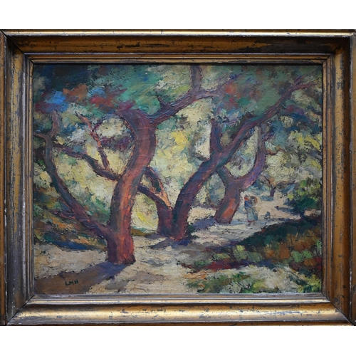 710 - LMH - Letitia Marion Hamilton (1878-1964) attrib - Figure in a wooded grove, oil on canvas, signed w... 