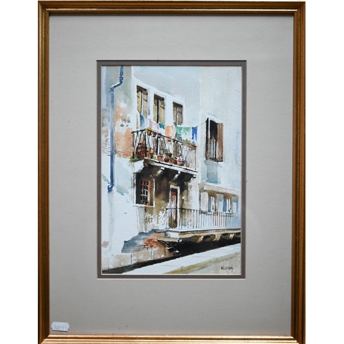 714 - David Weston (b 1942) - 'Venetian balconies', watercolour, signed, label to verso dated 1994, 28.5 x... 