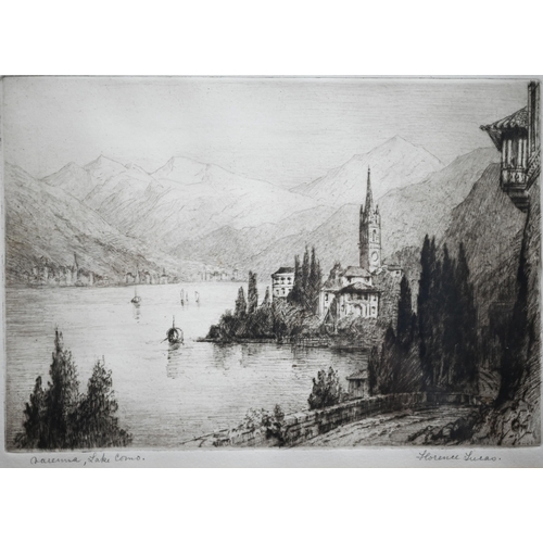 719 - After Florence Lucas (1890-1939) - A pair of Lake Como views - Balbianello and Varenna, etchings, bo... 