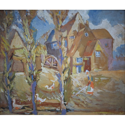 735 - Knowles - An impressionistic farmyard scene with lady hoeing, gouache, signed lower right, 32 x 38 c... 