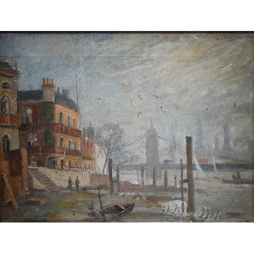 736 - Makinson - London skyline towards the Thames, oil on canvas, signed and dated '49 lower left, 29 x 3... 