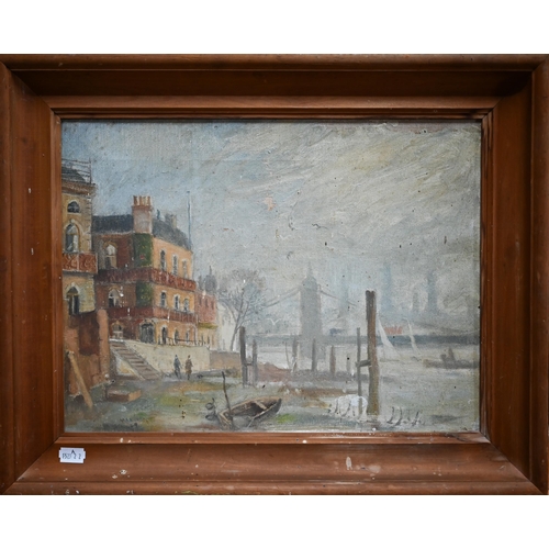736 - Makinson - London skyline towards the Thames, oil on canvas, signed and dated '49 lower left, 29 x 3... 