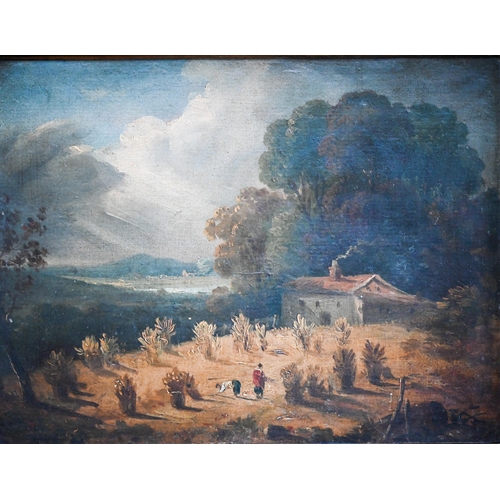 737 - English school - Landscape at harvest time, oil on canvas, inscribed 'Constable' to reverse, 23 x 29... 