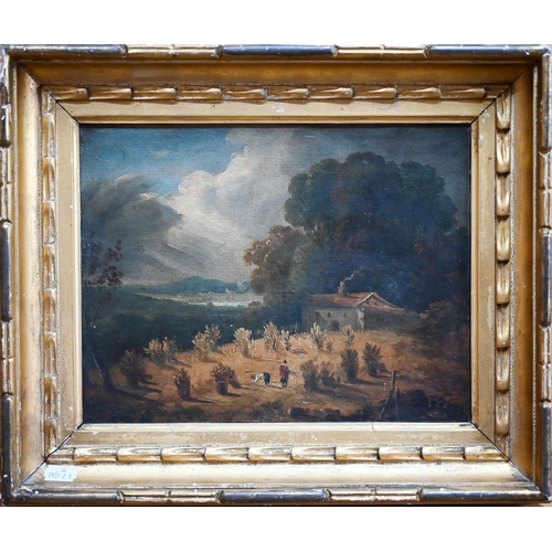737 - English school - Landscape at harvest time, oil on canvas, inscribed 'Constable' to reverse, 23 x 29... 