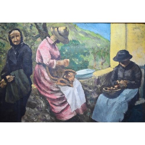 747 - J R White? - Three ladies on a wall preparing food, oil on canvas, 45 x 65 cm