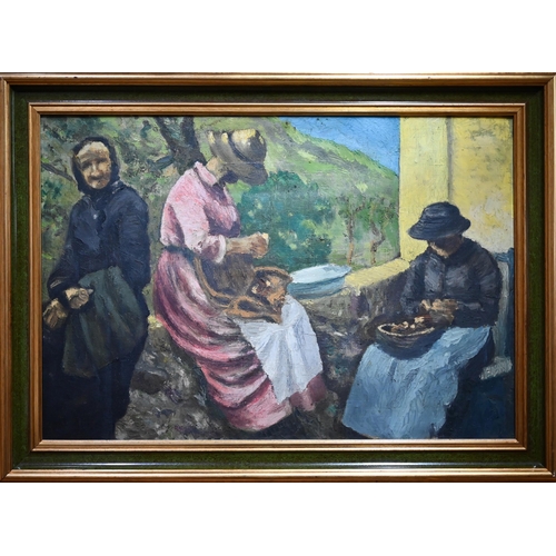 747 - J R White? - Three ladies on a wall preparing food, oil on canvas, 45 x 65 cm