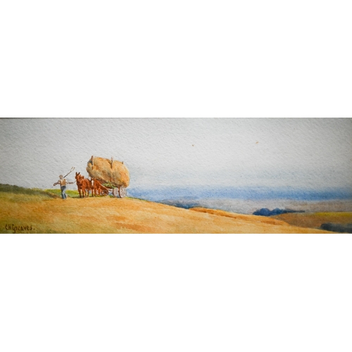 755 - C H Greaves - Harvest scene, watercolour, signed lower left 9 x 26cm