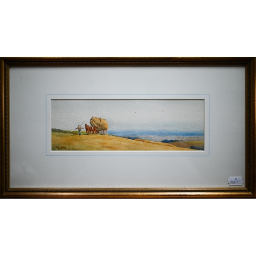 755 - C H Greaves - Harvest scene, watercolour, signed lower left 9 x 26cm