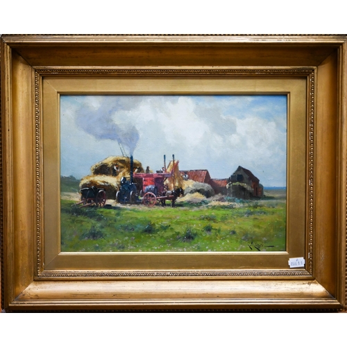 757 - Arthur William Redgate (1860-1906) - Harvest view with threshing machine, oil on board, signed lower... 