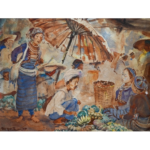 778 - U BA THET (1903-1972) -  Market traders beneath parasol, watercolour, signed lower left and dated '3... 