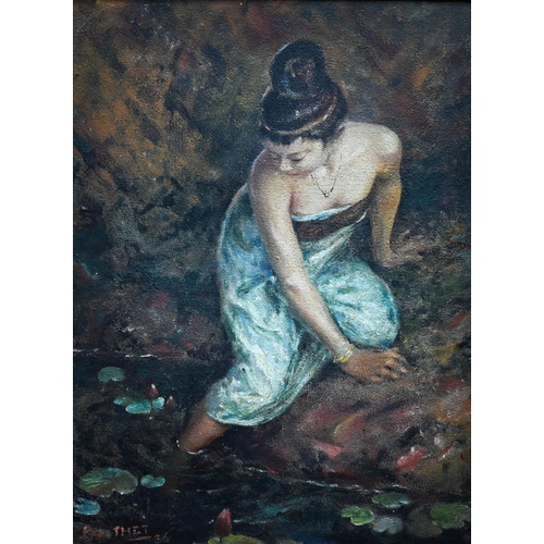 781 - U BA THET (1903-1972) - Young woman seated at the edge of a pool, oil on board, signed and dated '36... 