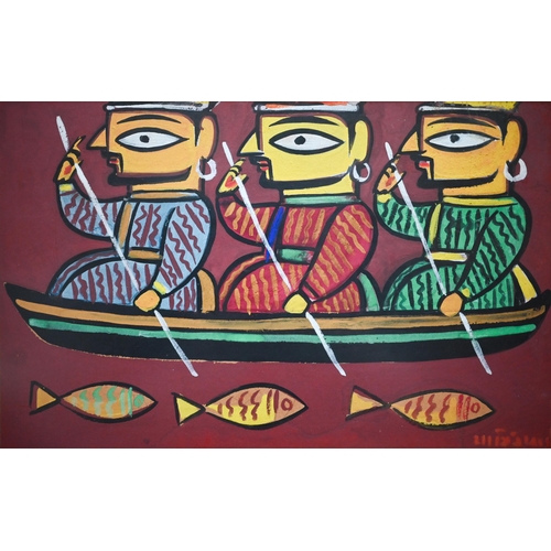 782 - Jamini Roy (1887-1972) - Three fishermen in a canoe, gouache, signed lower right, 28 x 45 cm