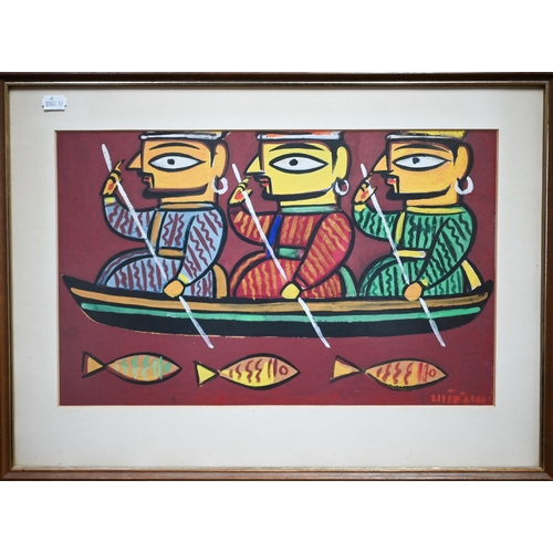 782 - Jamini Roy (1887-1972) - Three fishermen in a canoe, gouache, signed lower right, 28 x 45 cm