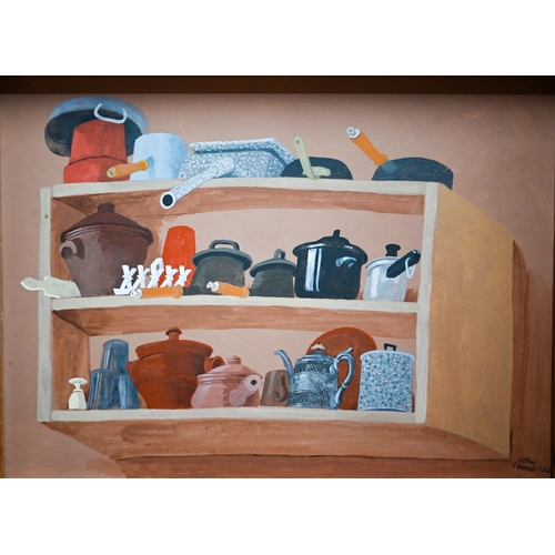 786 - John Sewell - Kitchen shelves with utensils, oil on board, signed and dated 1980 lower right, 29 x 3... 