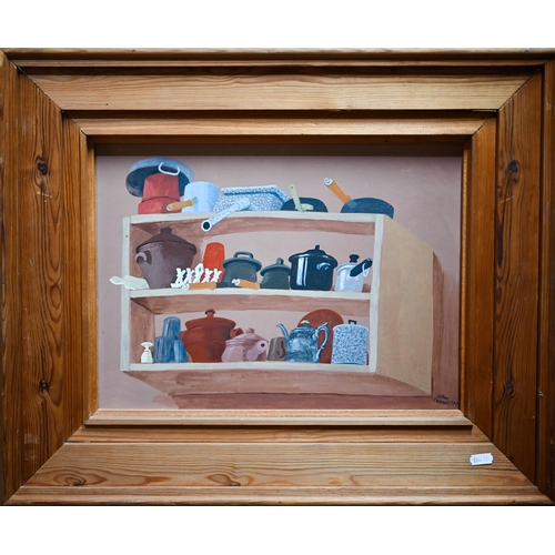 786 - John Sewell - Kitchen shelves with utensils, oil on board, signed and dated 1980 lower right, 29 x 3... 