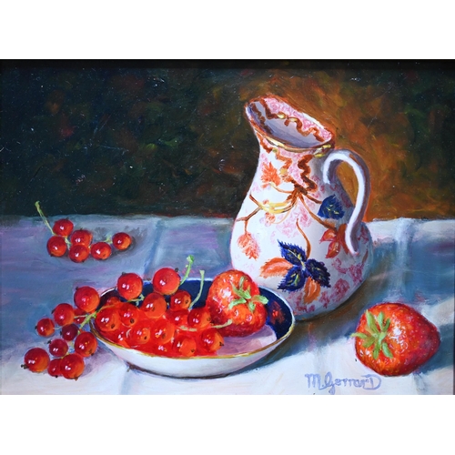 787 - M Gerrard - Still life study with saucer of strawberries and redcurrants, oil on board, signed lower... 