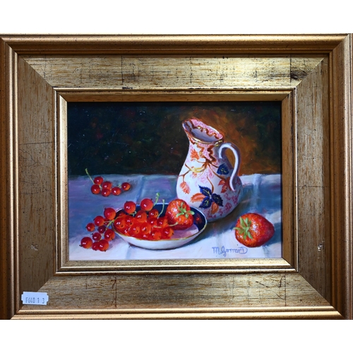 787 - M Gerrard - Still life study with saucer of strawberries and redcurrants, oil on board, signed lower... 