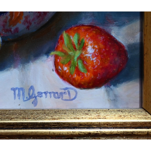 787 - M Gerrard - Still life study with saucer of strawberries and redcurrants, oil on board, signed lower... 