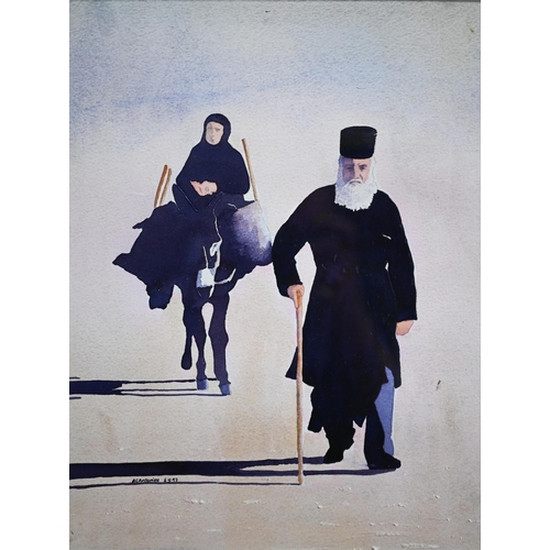 794 - Tony Antonios - 'The priest and his wife, Cyprus', watercolour, signed lower left and dated 6.5.97, ... 