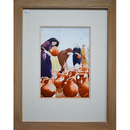 795 - Tony Antonios - 'Buying pots', watercolour, signed and dated 6.5.97 lower right, 38 x 26 cm