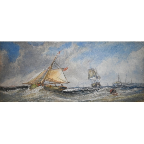 803 - W A Knell (exh 1825-1874) - 'Shipping at the mouth of a harbour', watercolour, 9.5 x 22.5 cm