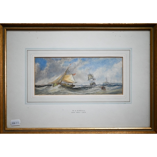 803 - W A Knell (exh 1825-1874) - 'Shipping at the mouth of a harbour', watercolour, 9.5 x 22.5 cm