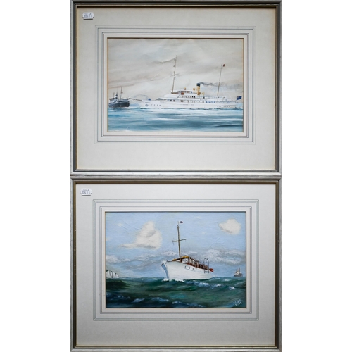 804 - J.S.O.E - Yacht off the coast of Dover, oil on card, signed with initials and dated 2/55, 22 x 32 cm... 