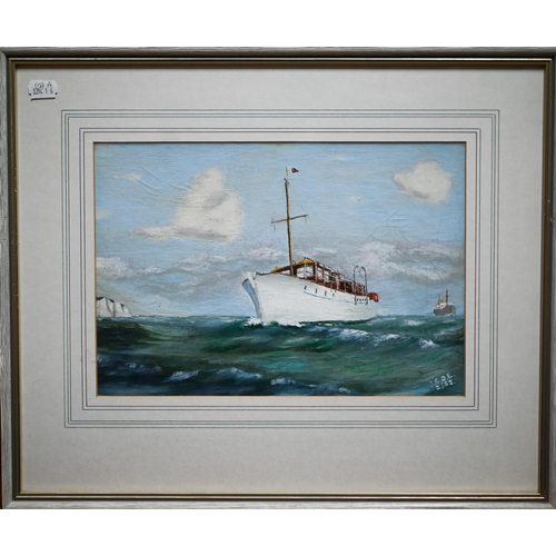 804 - J.S.O.E - Yacht off the coast of Dover, oil on card, signed with initials and dated 2/55, 22 x 32 cm... 