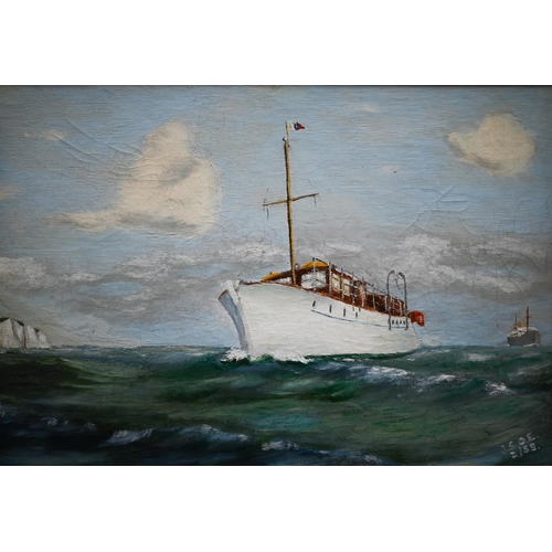 804 - J.S.O.E - Yacht off the coast of Dover, oil on card, signed with initials and dated 2/55, 22 x 32 cm... 