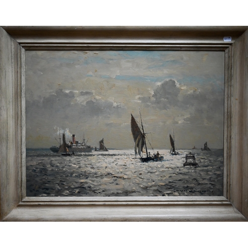 808 - Norman Wilkinson (1878-1971) - Marine scape with sun breaking clouds, oil on canvas, signed lower ri... 