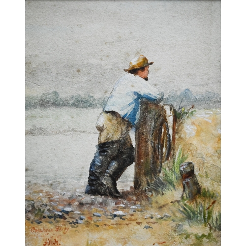 811 - Albert W Holden (1848-1942) - 'Creekson Ferry', man leaning on post, watercolour, signed with initia... 