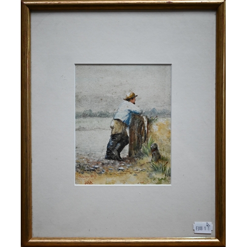 811 - Albert W Holden (1848-1942) - 'Creekson Ferry', man leaning on post, watercolour, signed with initia... 