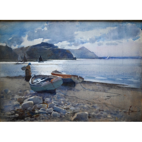 812 - Hubert Coop (1872-1953) - Coastal view with shored boats and a River view, watercolour, signed, 25 x... 