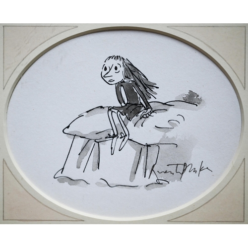 Quentin Blake (b 1932) - 'Matilda concentrating fiercely', pen and ink with monochrome watercolour, signed lower right, 10 x 12 cm 