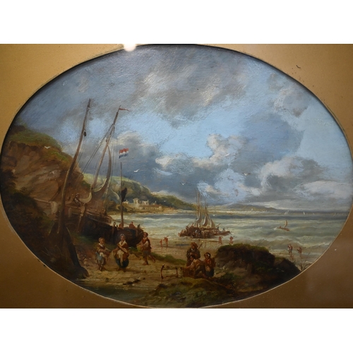 816 - Manner of Shayer - Coastal view with figures on foreshore, oil on board, 29 x 39 cm