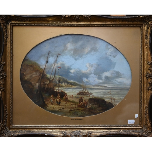 816 - Manner of Shayer - Coastal view with figures on foreshore, oil on board, 29 x 39 cm