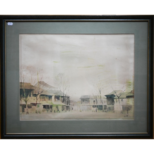 822 - Chinese school - Four watercolours - streetscene, signed lower right, 42 x 56 cm; two junks on water... 