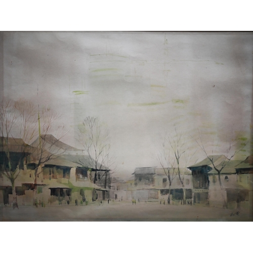 822 - Chinese school - Four watercolours - streetscene, signed lower right, 42 x 56 cm; two junks on water... 